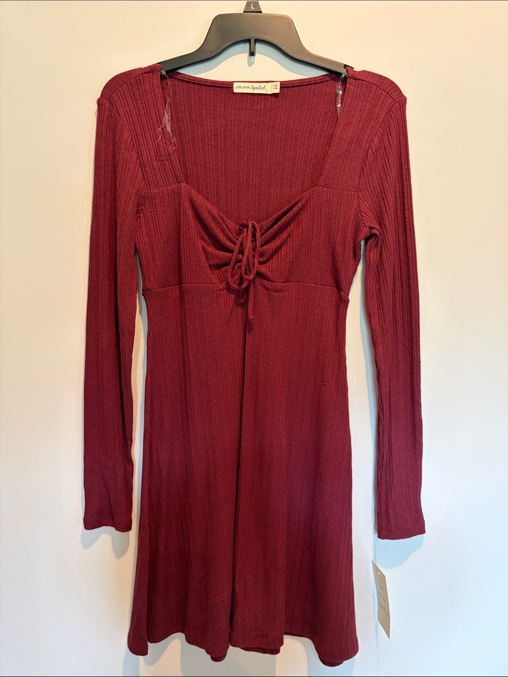 Long-Sleeve Ribbed Tie-Front Dress in Wine